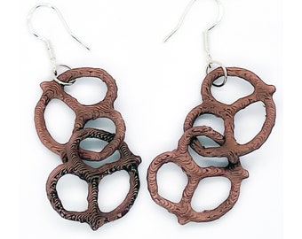 Double Pretzel Earrings, Oktoberfest Jewelry, 3D Printed, .925 Silver Hook Back Dangle Earrings