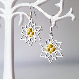 Edelweiss Earrings, Oktoberfest Jewelry, 3D Printed & Hand Painted, .925 Silver Hook Back Dangle Earrings