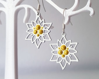 Edelweiss Earrings, Oktoberfest Jewelry, 3D Printed & Hand Painted, .925 Silver Hook Back Dangle Earrings