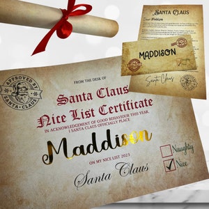 Conjunto de certificado con carta a Papá Noel y lista de buenos amigos