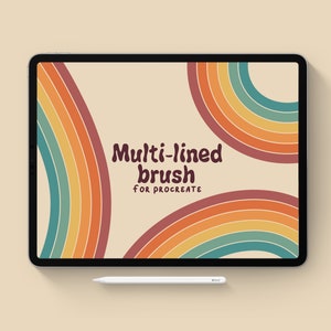 Puede incluir: Una ilustración digital de un pincel multi-lineal de colores arcoíris para Procreate en la pantalla de una tableta. El pincel se muestra sobre un fondo beige con el texto "Multi-lined brush for Procreate" en marrón.