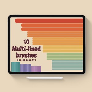 Op de afbeelding: Een digitaal tabletscherm toont een voorbeeld van 10 meerlijnige penseelstreken voor Procreate. De penseelstreken worden in verschillende kleuren weergegeven, waaronder rood, oranje, geel, groen, blauw en paars.
