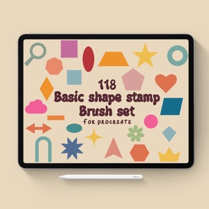 Op de afbeelding: Een digitaal kunstpakket getoond op een tablet. Het scherm toont 118 basisvorm stempels in diverse kleuren, met de tekst "Basic shape stamp Brush set for Procreate". Een witte stylus ligt onder de tablet.
