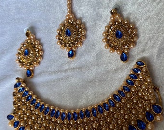 Blue and Gold Plated Beads and Kundan Choker Necklace Earrings Tikka Set Bronze Bridal Indian Jewellery Eid