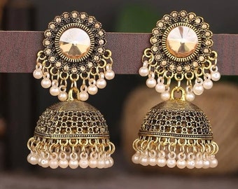 Silver Gold Large Jhumka Drop Round Ball Tassel Pearl Earrings Indian Turkish Party Occasion Boho Birthday Present Gift