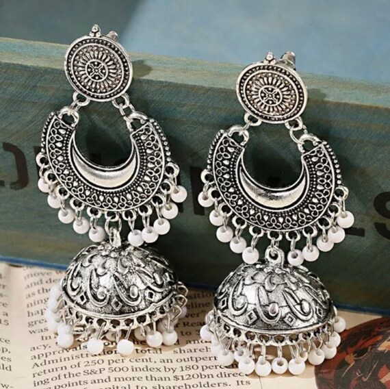 Elegant German Silver Jhumkas - South India Jewels