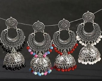 Silver Jhumka Long Drop Earrings Tassel Oxidised Indian Turkish Bells Boho Birthday Gift Present Black White Multicolour