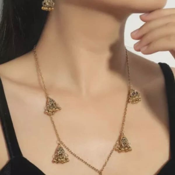 Long Gold Silver Jhumka Bell Drop Earrings Necklace Jewellery Set Indian Xmas Gift Present Turkish