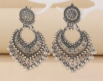 Silver Tassel Ball Bell Drop Earrings Turkish Indian Gift Party Boho Wedding