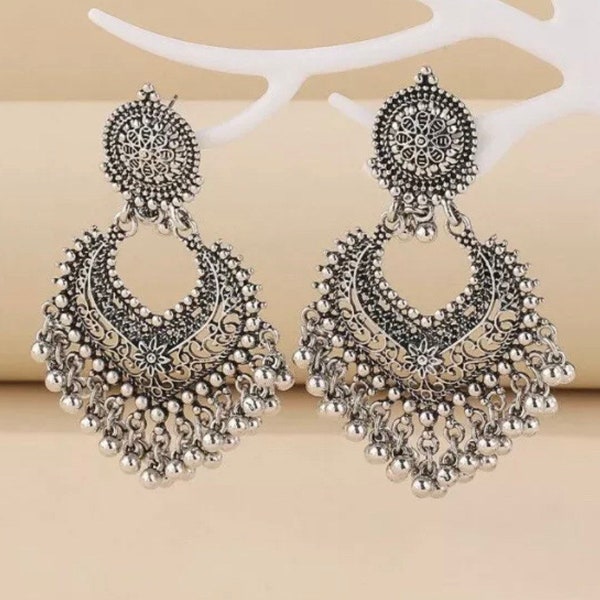 Silver Tassel Ball Bell Drop Earrings Turkish Indian Gift Party Boho Wedding
