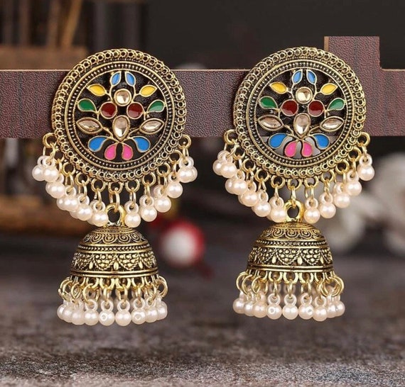 Gold Round Multi Colour Jhumka Drop Indian Earrings Pearl Tassel