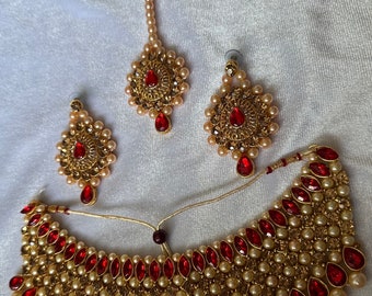 Red and Gold Plated Beads and Kundan Choker Necklace Earrings Tikka Set Bronze Bridal Indian Jewellery Eid