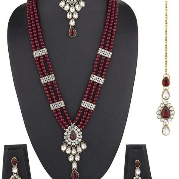 5 Piece Indian Beaded Gold Maroon Bridal Jewellery Set Pakistani Asian Wedding Mala Necklace Tikka