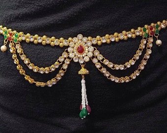 Gold Austrian Stone Kamarband Layered Waist Belly Chain Belt Maroon Green White Chunky Gift Saree Sari Lengha