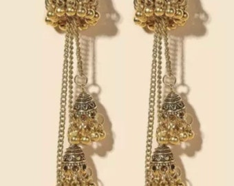 Boucles d'oreilles extra longues or argent Jhumka cloche pompon goutte oxydé indien turc Boho anniversaire cadeau de Noël