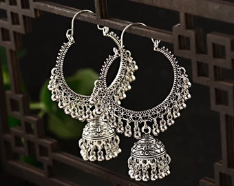 Silver Large Jhumka Hoops Drop Earrings Tassel Indian Turkish Boho Gift