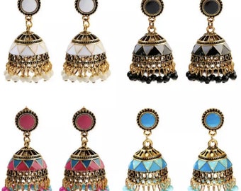 Gold Jhumka Drop Round Ball Tassel Earrings Indian Turkish Party Occasion Boho Birthday Present Gift Pink Black Blue White