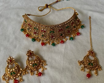 Gold Plated Beads and Kundan Choker Necklace Set Red Green Indian Jewellery