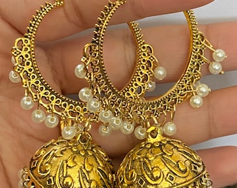 Gold Faux Pearl Tassel Drop Large Jhumka Hoop Oxidised Earrings Indian Boho White Wedding Present