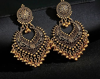 Gold Tassel Ball Bell Drop Earrings Turkish Indian Gift Party Boho Wedding