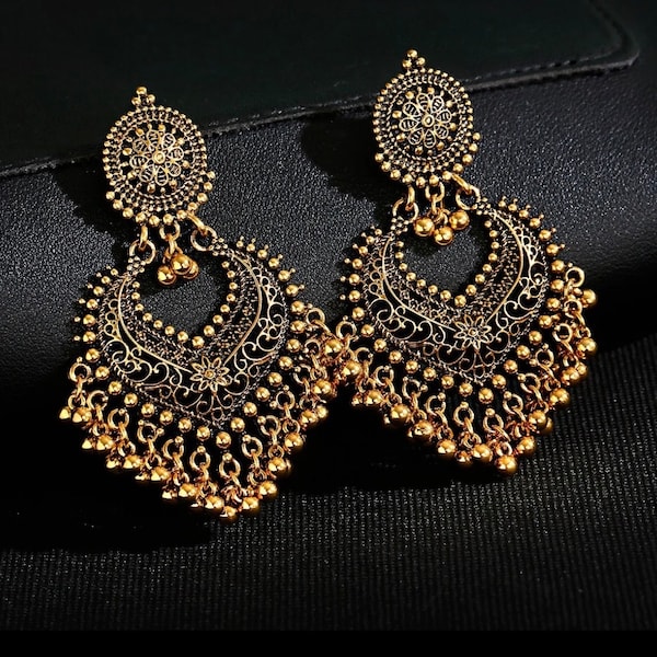 Boucles d'oreilles pendantes dorées à pampilles et clochettes, cadeau indien turc, mariage bohème