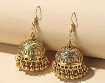 Silver Gold Jhumka Drop Round Ball Tassel Earrings Indian Turkish Party Occasion Boho Birthday Present Gift