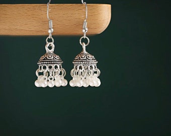 Faux Pearl Tassel Silver Jhumka Earrings Jewellery Oxidised Indian Boho White Birthday Xmas Gift Present