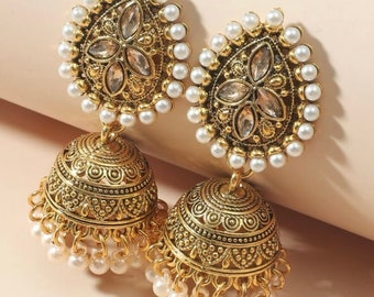 Boucles d'oreilles Jhumka en fausses perles et pompons en or et argent, cadeau d'anniversaire blanc bohème indien oxydé, cadeau de Noël