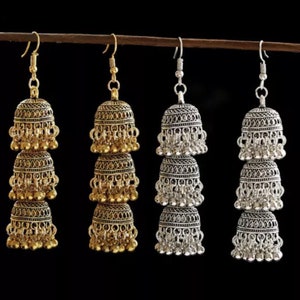 Silver Gold Jhumka Long Drop Earrings Tassel Oxidised Indian Turkish Bells Boho Birthday Gift Present Layer