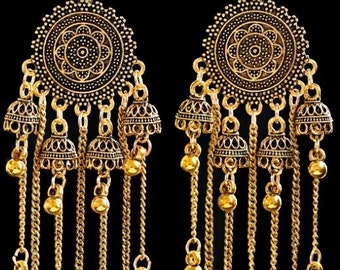 Long Gold Jhumka Drop Round Ball Tassel Earrings Indian Turkish Party Occasion Boho Birthday Present Gift