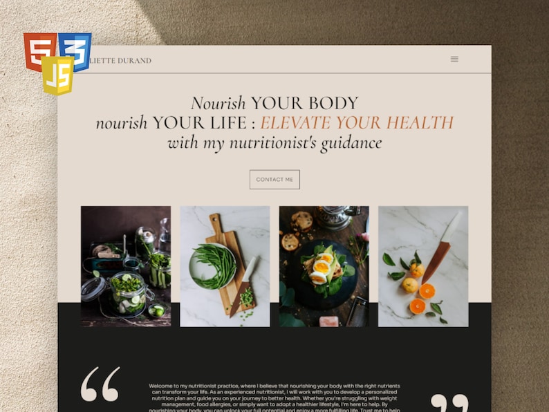 Może przedstawiać: Strona gł&oacute;wna witryny internetowej dietetyka, z tekstem "Odżywiaj swoje ciało, odżywiaj swoje życie: Podnieś swoje zdrowie z pomocą mojego dietetyka". Witryna ma minimalistyczny design z jasnobeżowym tłem i obrazami jedzenia.