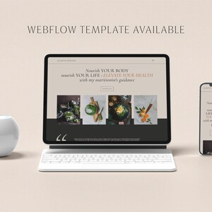 Może przedstawiać: Makieta strony internetowej na laptopie i telefonie kom&oacute;rkowym. Strona internetowa jest dla dietetyka i zawiera tekst "Nourish Your Body, Nourish Your Life: Elevate Your Health with my nutritionist's guidance".