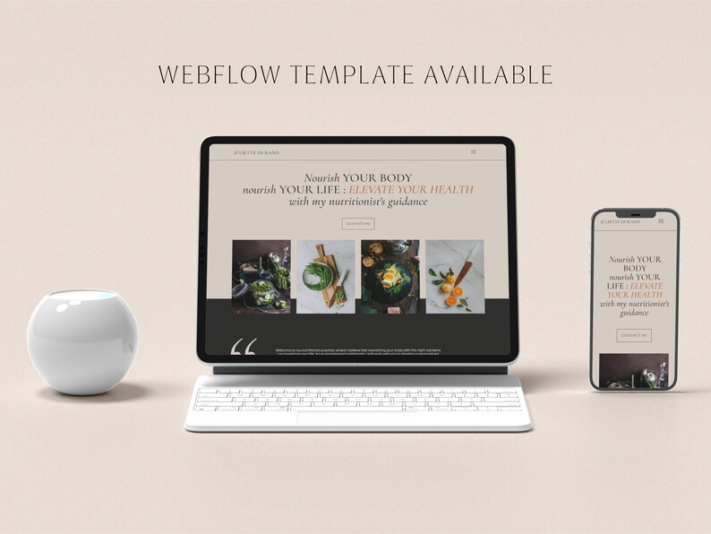 Może przedstawiać: Makieta strony internetowej na laptopie i telefonie kom&oacute;rkowym. Strona internetowa jest dla dietetyka i zawiera tekst "Nourish Your Body, Nourish Your Life: Elevate Your Health with my nutritionist's guidance".
