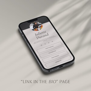 Może przedstawiać: Ekran smartfona wyświetlający stronę "Link w bio" ze zdjęciem profilowym kobiety i ikonami medi&oacute;w społecznościowych dla Instagrama, Facebooka, Pinteresta i Strony internetowej.