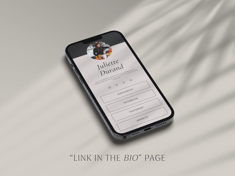 Może przedstawiać: Ekran smartfona wyświetlający stronę "Link w bio" ze zdjęciem profilowym kobiety i ikonami medi&oacute;w społecznościowych dla Instagrama, Facebooka, Pinteresta i Strony internetowej.