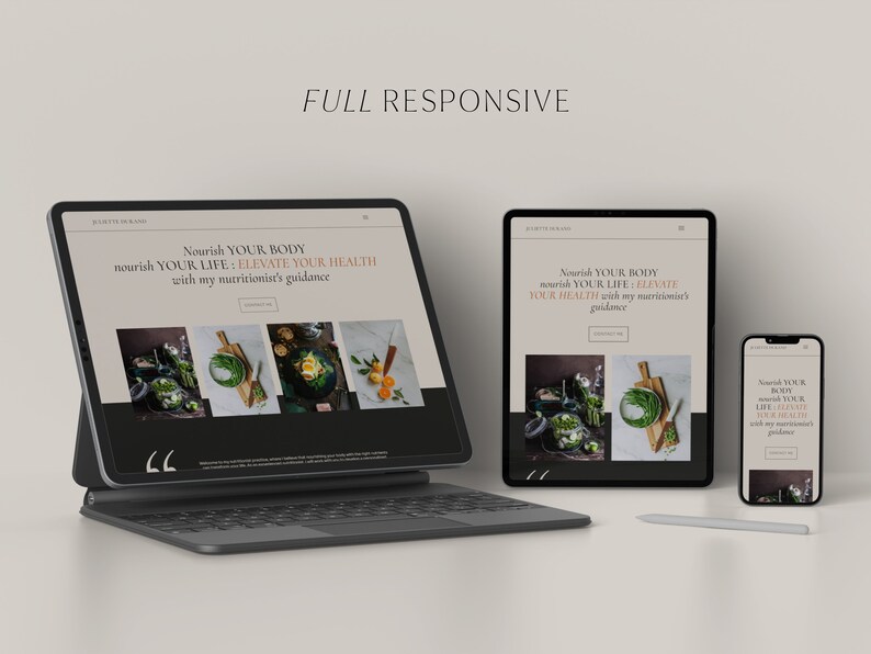 Może przedstawiać: Projekt strony internetowej wyświetlony na laptopie, tablecie i smartfonie, prezentujący stronę internetową dietetyka. Strona internetowa ma minimalistyczny design z czarnym tłem i białym tekstem. Tekst brzmi: "Odżywiaj swoje ciało, odżywiaj swoje życie: podnieś swoje zdrowie dzięki wskaz&oacute;wkom mojego dietetyka".