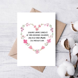 May include: A white card with a pink floral heart design. The card reads "Sending loving thoughts as you remember, celebrate, and miss your Mom this Mother's Day."