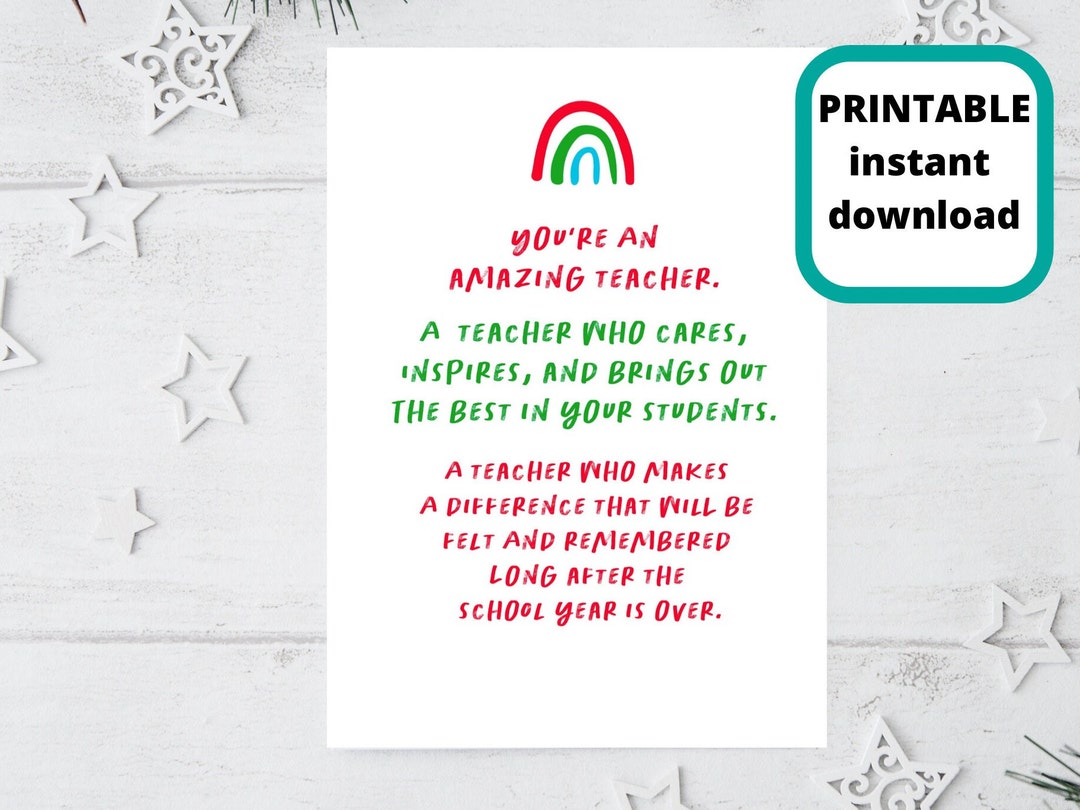 Printable Christmas Card for Teacher, Teacher Thank You, Gift Card ...