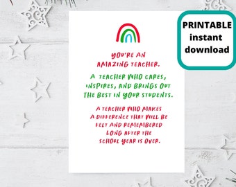 Printable Christmas Teacher Card: Holiday Thank You (Digital Download)