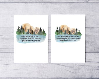 May include: Two watercolor illustrations of a mountain range with trees and a lake. The text on the left card reads "Thinking of you as you remember, miss, and celebrate your dad on Father's Day." The text on the right card reads "Here with extra love and support as you remember, miss, and celebrate your dad on Father's Day."