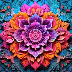 Puede incluir: Una flor de papel 3D colorida con detalles intrincados. La flor tiene un centro rosa con un diseño circular y pétalos naranja, rosa y morado.