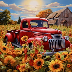 May include: A red vintage pickup truck parked in a field of sunflowers. The truck has a wooden bed and a chrome bumper. The sunflowers are in full bloom and are a bright yellow color.