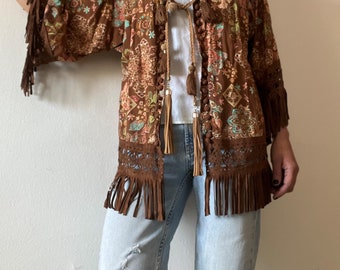 Kimono/open jacket/ short printed kimono with tassels and drawstring, short jacket with fringes/ boho hippie jacket/ tunic/ Made in Italy