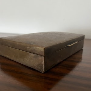 Antique brass and wood cigar box with emblematic shield // early 20th century brass and wood box //brass box