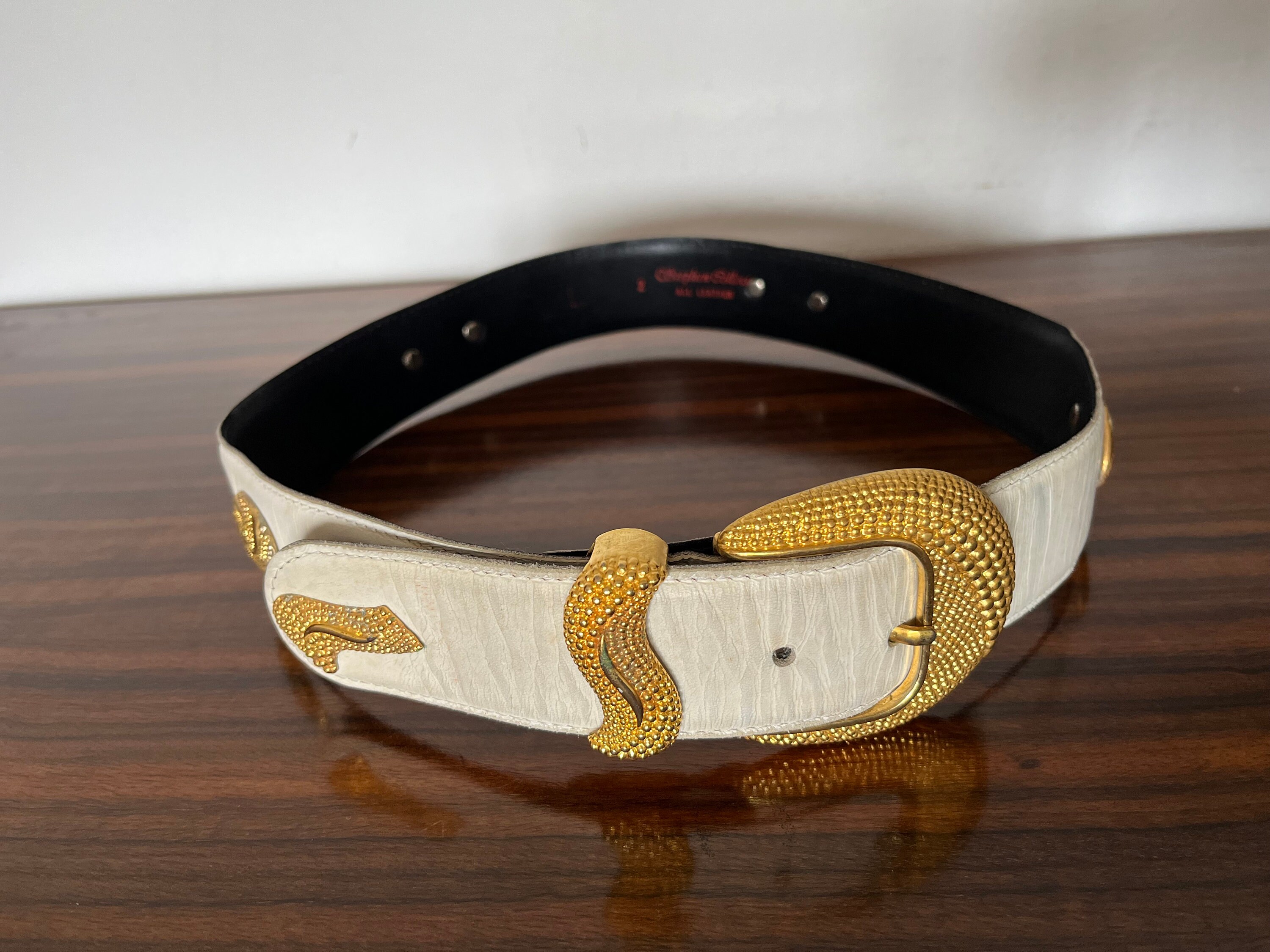 Vintage STEPHEN COLLINS White Leather Belt With Buckle and 
