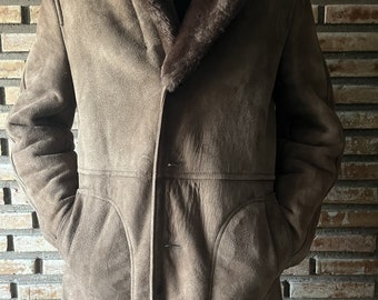 Vintage Sheepskin and Fur Coat/ Suede Coat for Men/ Brown Fur Coat/