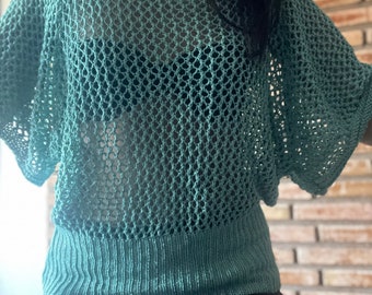 top/ jersey/ green openwork/summer top/knit openwork top/ beach top/short top/boho chic top/hippie chic top