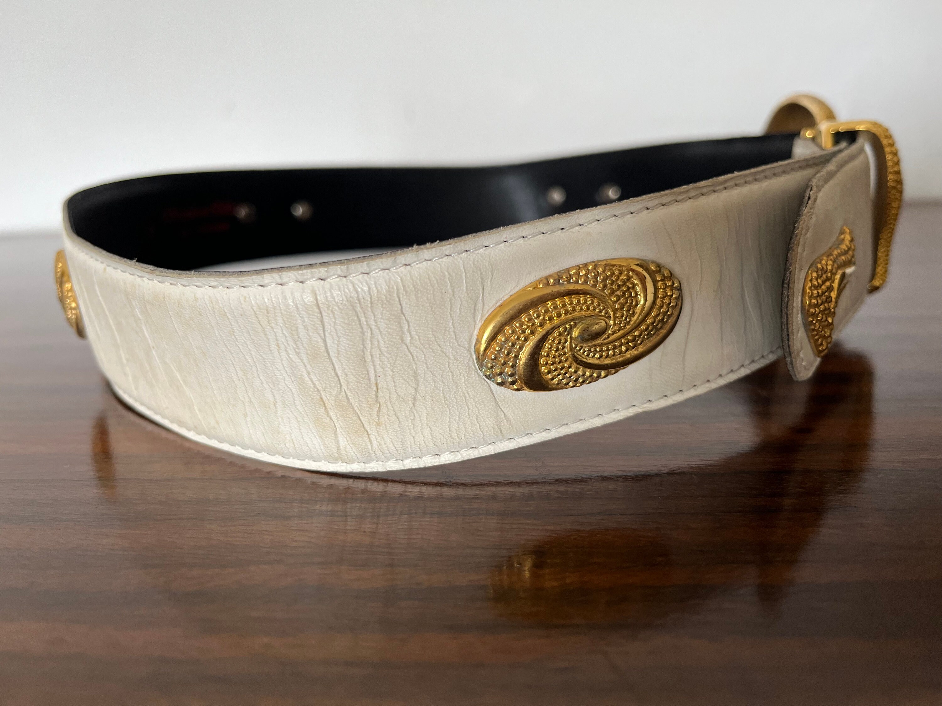 Vintage Stephen Collins Leather Waist Belt Vintage STEPHEN COLLINS White Leather Belt With Buckle and  main image 4