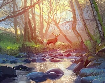 Original Wall Art - Print of original painting - Countryside forest deer stag magical wildlife scene - "The Monarch of the Den"