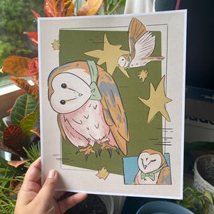Barn Owl Art Print | Cute Owl with Green Bow